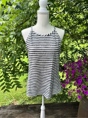 Green Envelope M Navy White Stripe Sleeveless Knit Top Coastal